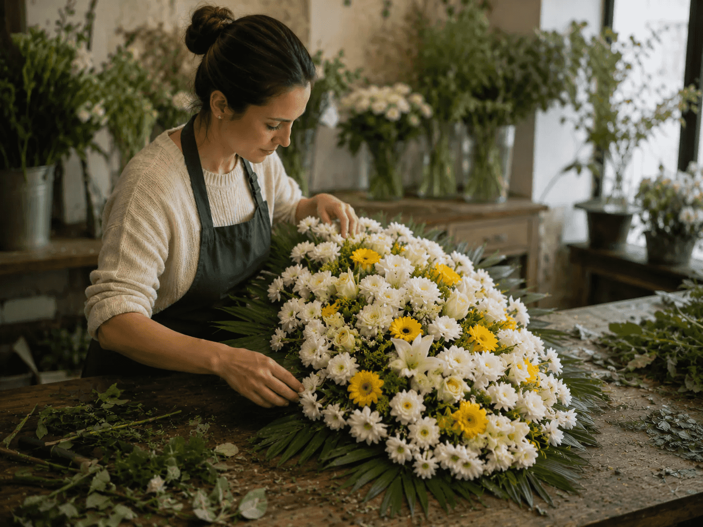 Florista montando com cuidado uma coroa de flores brancas e amarelas sobre uma bancada de madeira